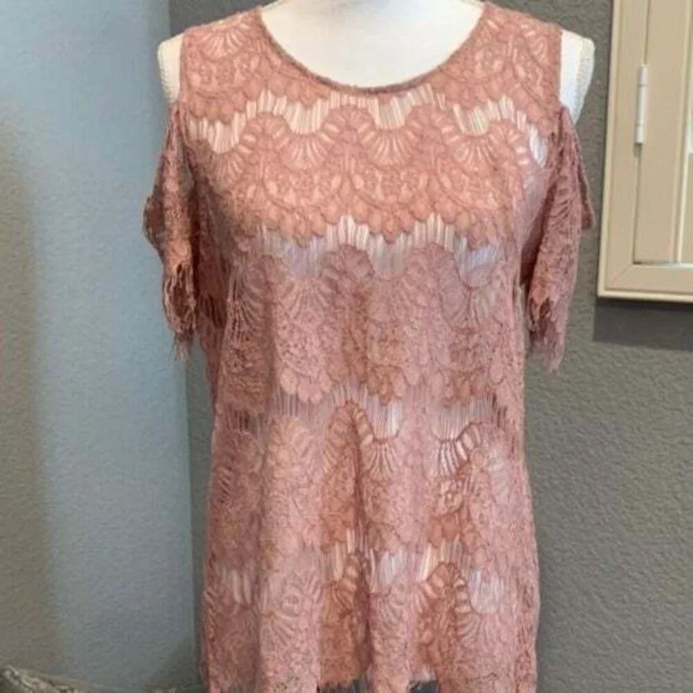 INNY Dusty Rose Lace Top Cold Shoulders Split Back Zipper Size XL - Picture 2 of 6